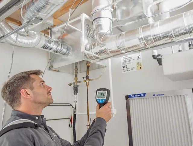 Pembroke Air Duct Cleaning expert conducting detailed filter system inspection using diagnostic tools in Pembroke